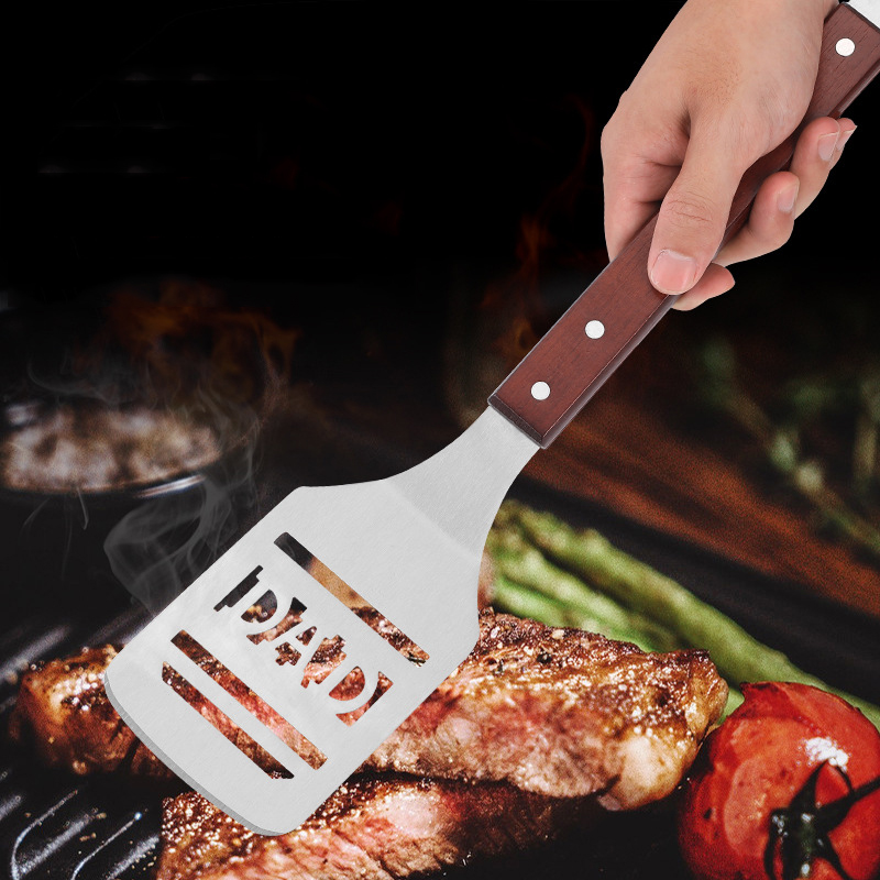 Customized Wood Handle Stainless Steel Hollowed-out Grill BBQ Spatula With Bottle Opener