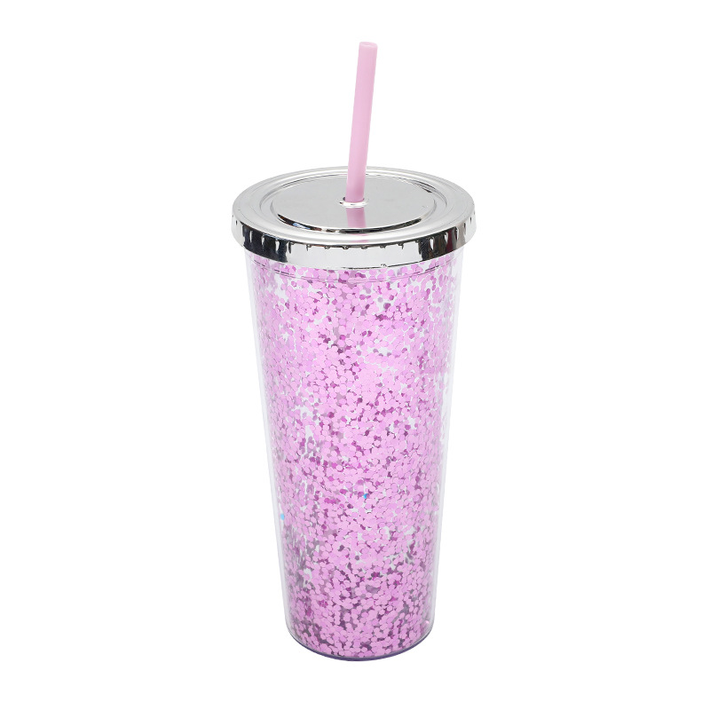 Double Walled Plastic Glitter 24oz Reusable, Leak-Proof Tumbler for Travel with Screw-On-Lid and Straw