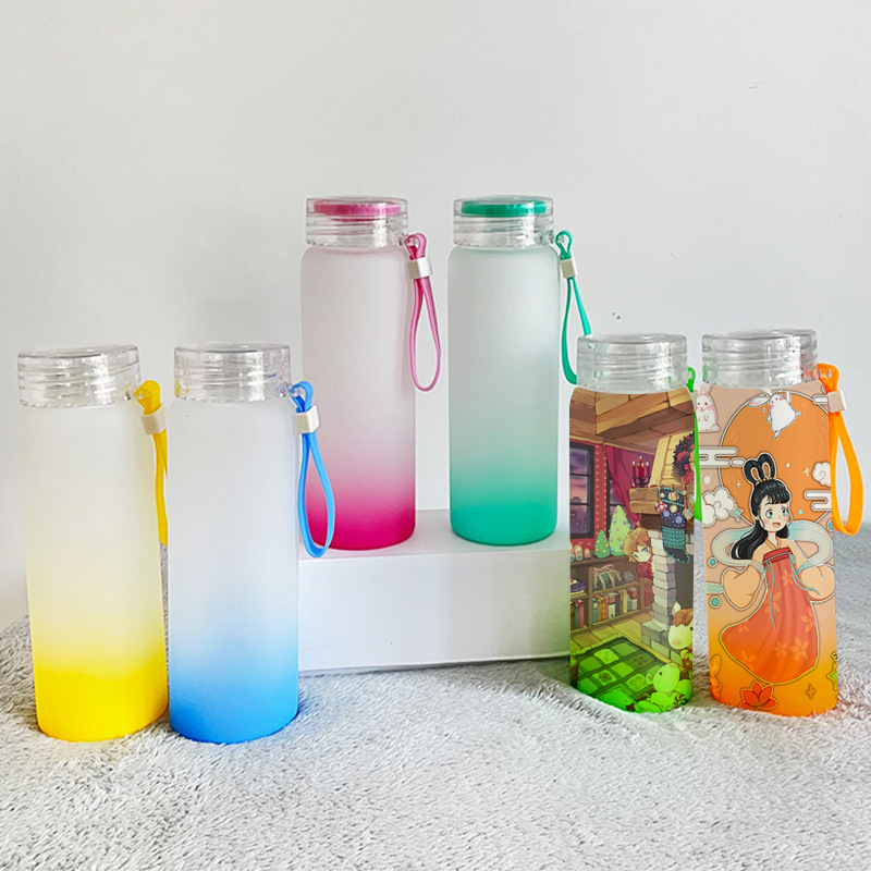 Frosted Glass Water Bottle Wide Mouth Colorful Water Bottle