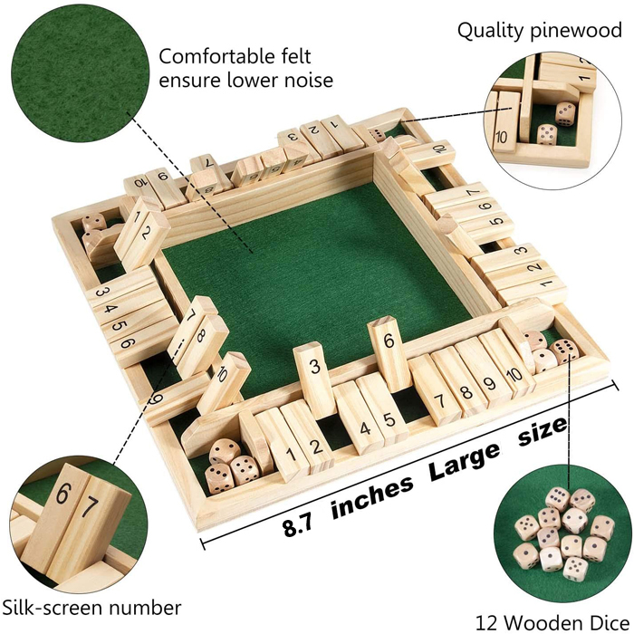 8.6 Inches Shut The Box Family Game ( 1-4 Players ), 4 Sided Large Wooden Number Dice Board Game for Kids, Adults