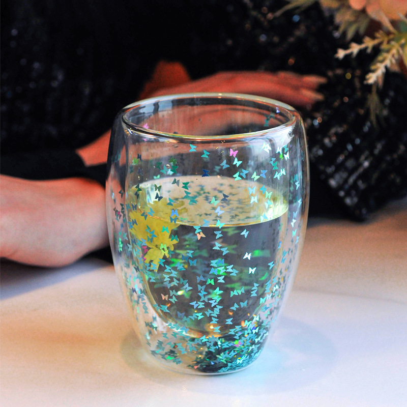 12 OZ Double Wall Insulated Wine Confetti Egg Shape Borosilicate Glass Cup