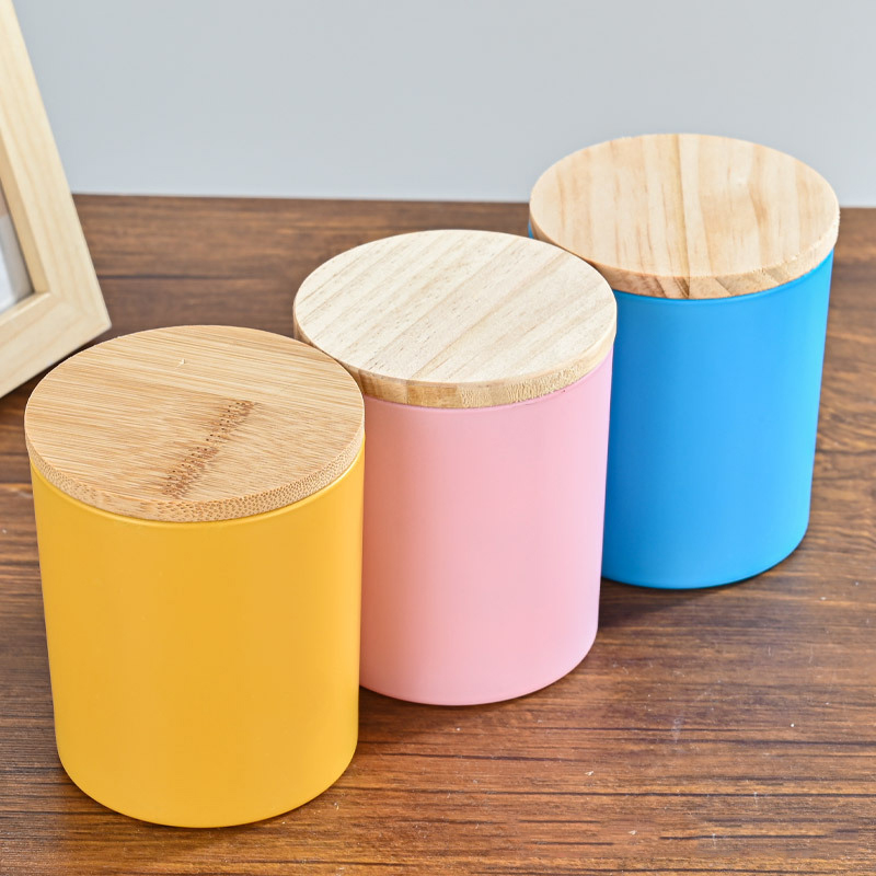 Colorful Glass Candle Jars with Bamboo Lids for Making Candles Empty Candle Tins with Wooden Lids Bulk Candle Container