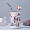 450ML Christmas Printing Double Stainless Steel Thermos Cup with Straw Mug