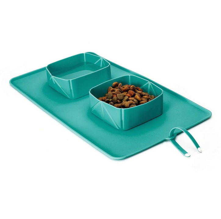 Double Bowl Portable Pet Folding Bowl With Food Mat