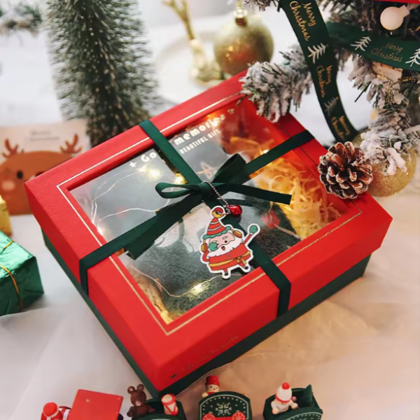 Custom Paper Cardboard Rigiding Partition Ribbon Christmas Boxes Packaging For Gift With Clear Window