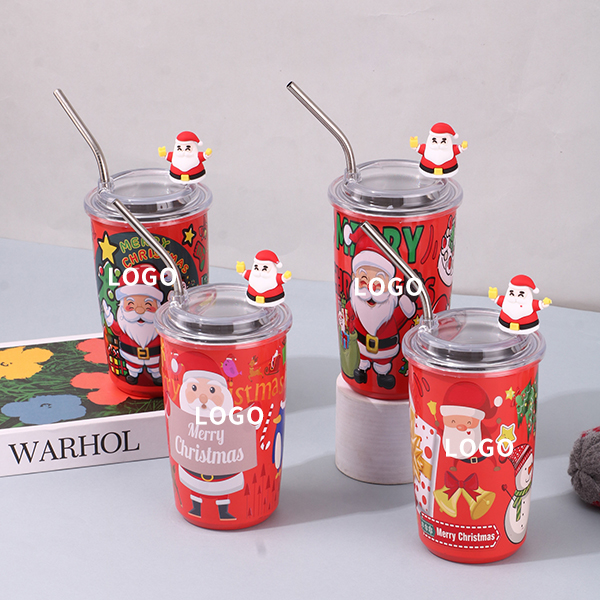 450ML Christmas Printing Double Stainless Steel Thermos Cup with Straw Mug