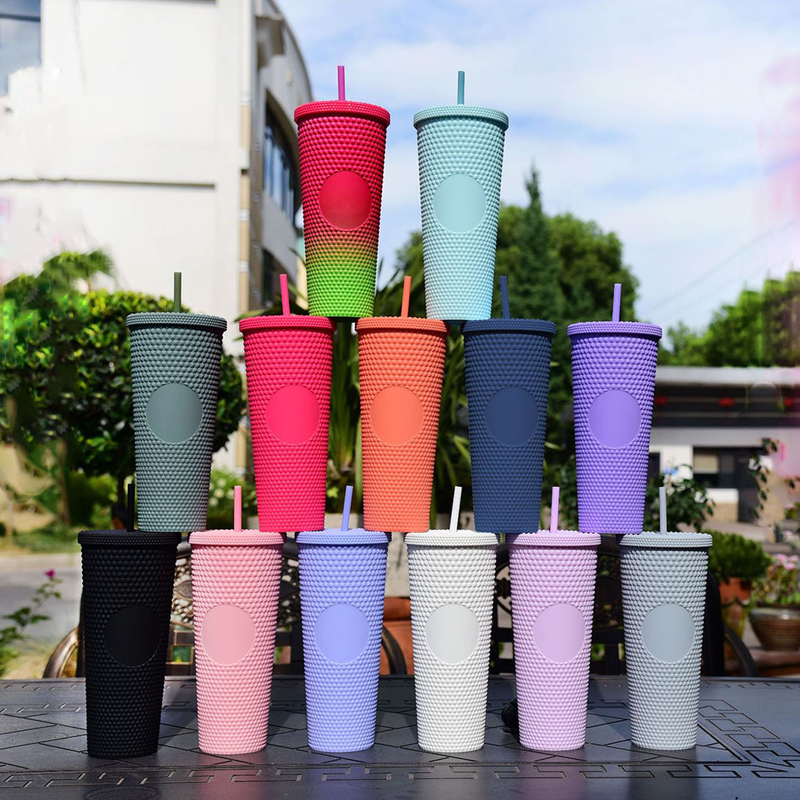 Hot Sell 24oz Double Wall Plastic Studded Tumbler with Straw