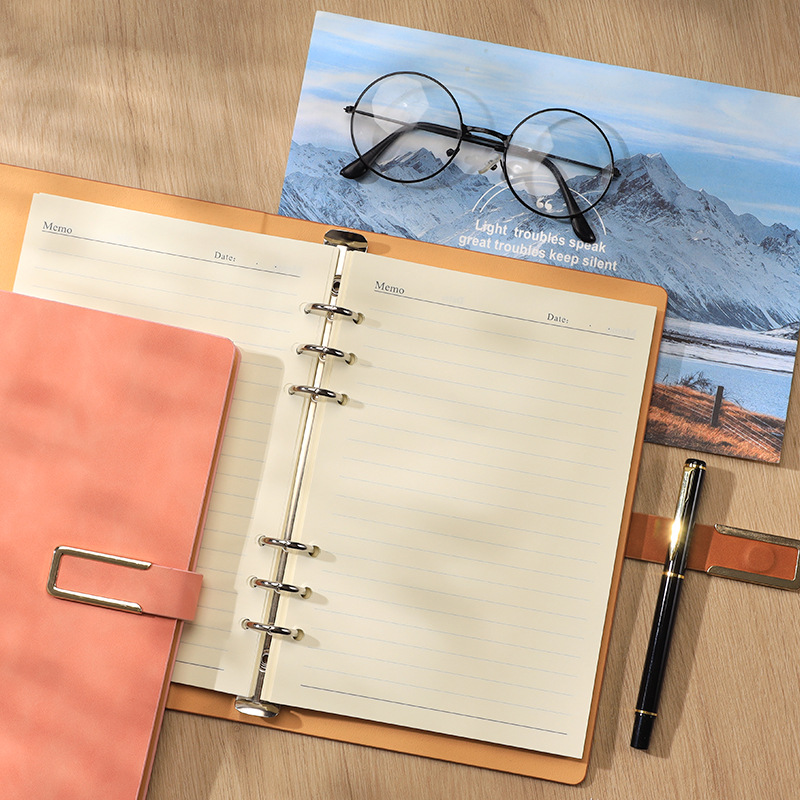 Business Office Student Openwork PU Leather Metal Binder Hardcover Spiral Refillable 6 Ring Journal Personal Planner Notebook