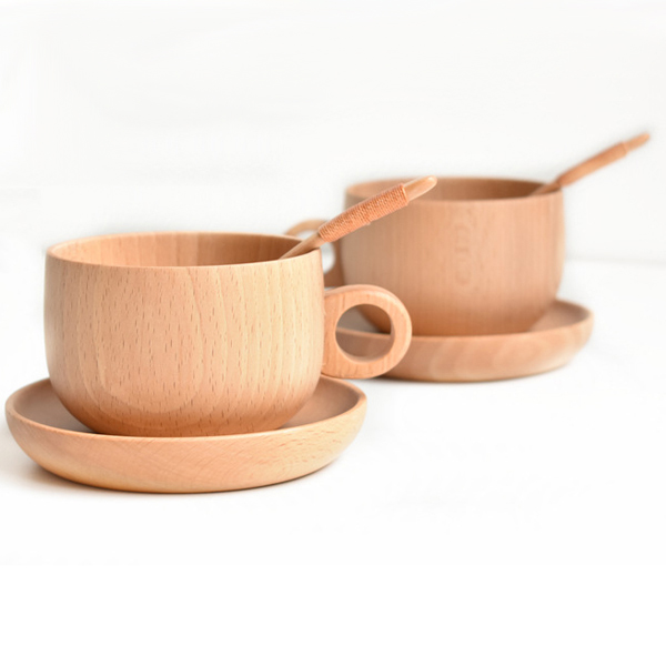 8.45oz Tea/Coffee Cup with Saucer Spoon Premium Beech Wood