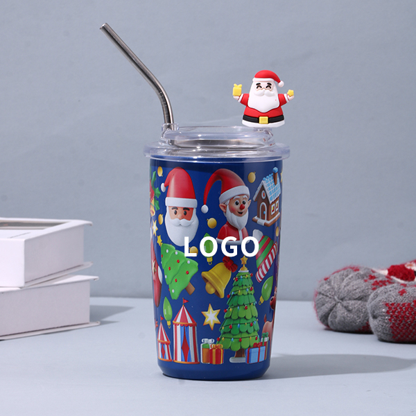 450ML Christmas Printing Double Stainless Steel Thermos Cup with Straw Mug