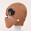2 In 1 Ribbed Knitted Beanie Hat Mask Set Winter Warm Earflap Ski Cap with Goggles