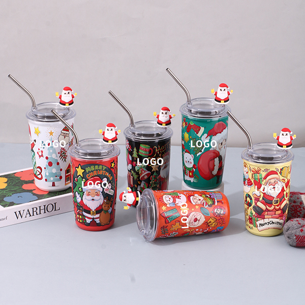450ML Christmas Printing Double Stainless Steel Thermos Cup with Straw Mug